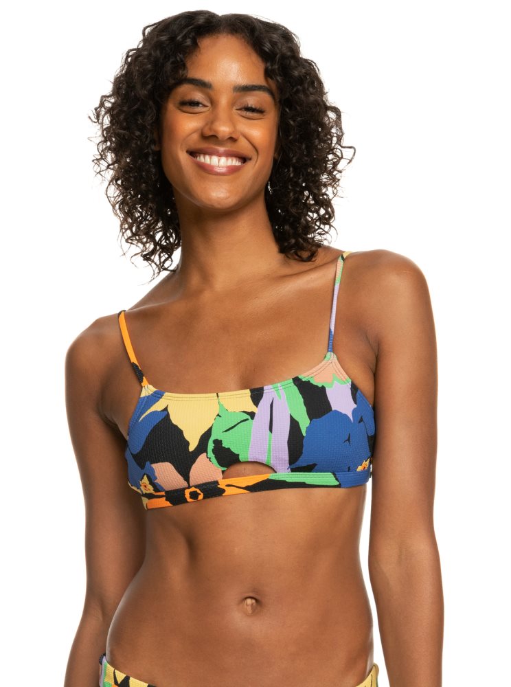 Dark Grey Flower Women's Roxy Color Jam Bralette Bikini Tops | USA ADSG-04621