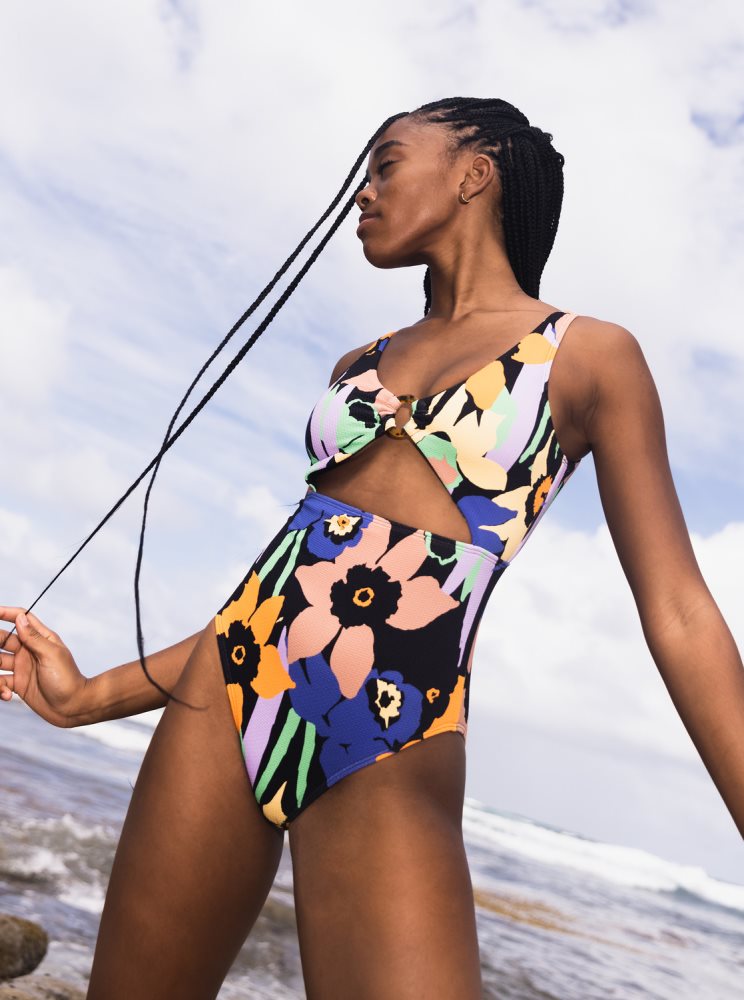 Dark Grey Flower Women's Roxy Color Jam One Piece Swimsuits | USA YPMW-20194