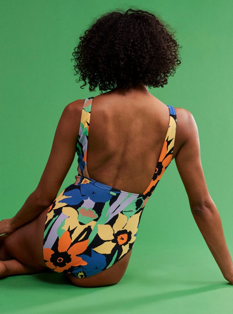 Dark Grey Flower Women's Roxy Color Jam One Piece Swimsuits | USA YPMW-20194