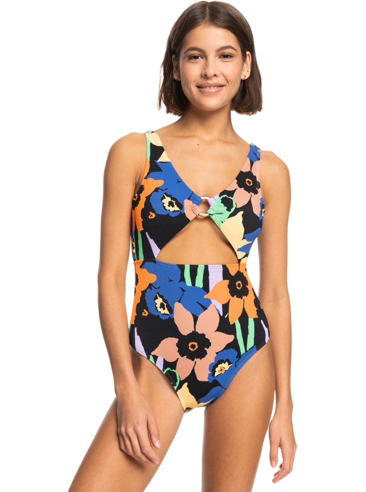 Dark Grey Flower Women's Roxy Color Jam One Piece Swimsuits | USA YPMW-20194