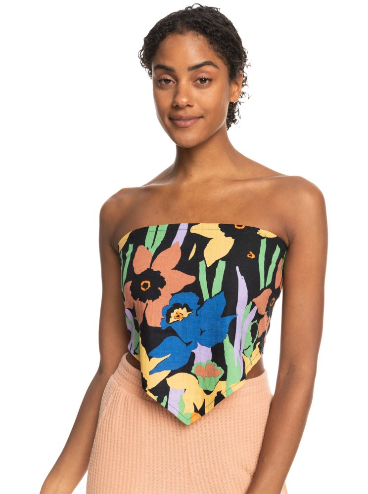 Dark Grey Flower Women's Roxy Iconic Place Strappy Crop Tops | USA XFZE-46938