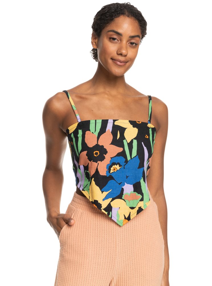 Dark Grey Flower Women's Roxy Iconic Place Strappy Crop Tops | USA XFZE-46938