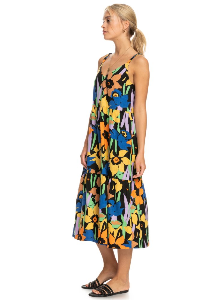 Dark Grey Flower Women's Roxy Waiting Line Printed Midi Dress | USA ADVS-69105