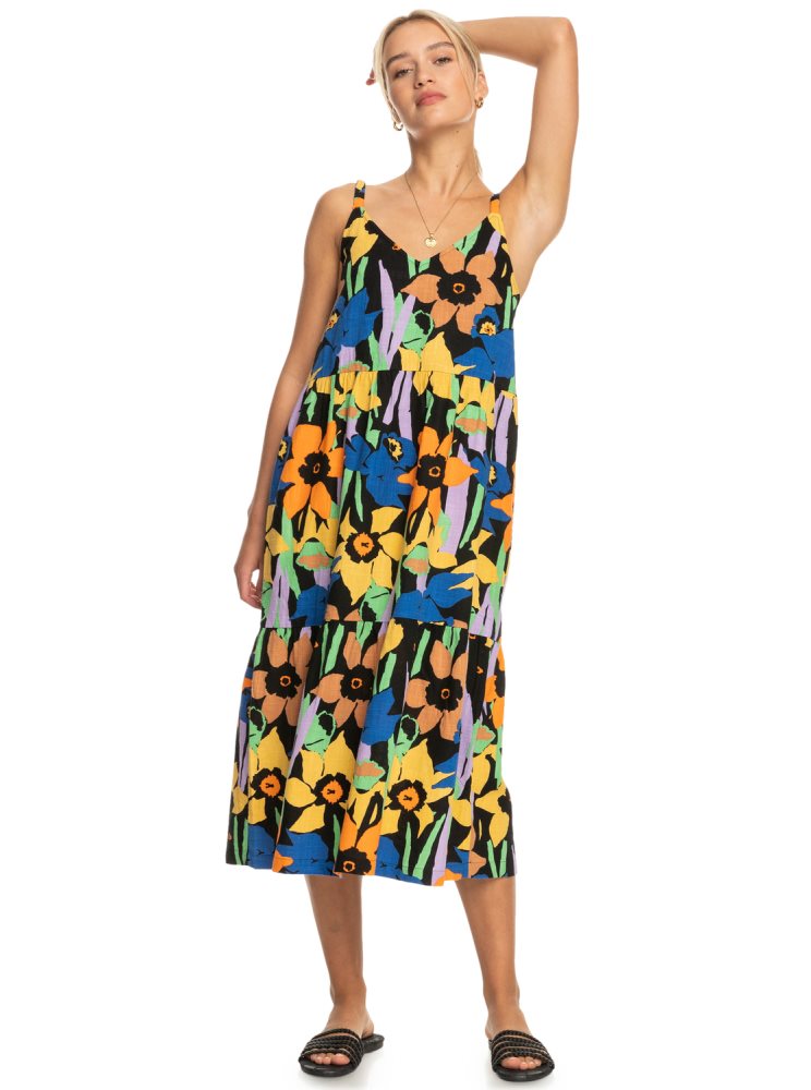 Dark Grey Flower Women's Roxy Waiting Line Printed Midi Dress | USA ADVS-69105