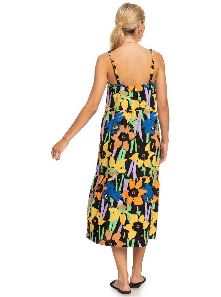 Dark Grey Flower Women's Roxy Waiting Line Printed Midi Dress | USA ADVS-69105