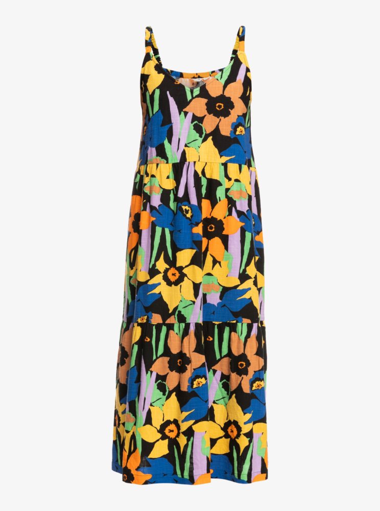 Dark Grey Flower Women's Roxy Waiting Line Printed Midi Dress | USA ADVS-69105