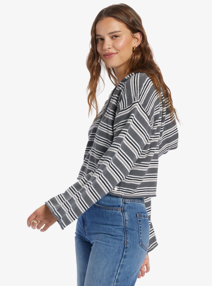 Dark Grey Stripes Women's Roxy Side Swipe Poncho Hoodie | USA KCDQ-50729