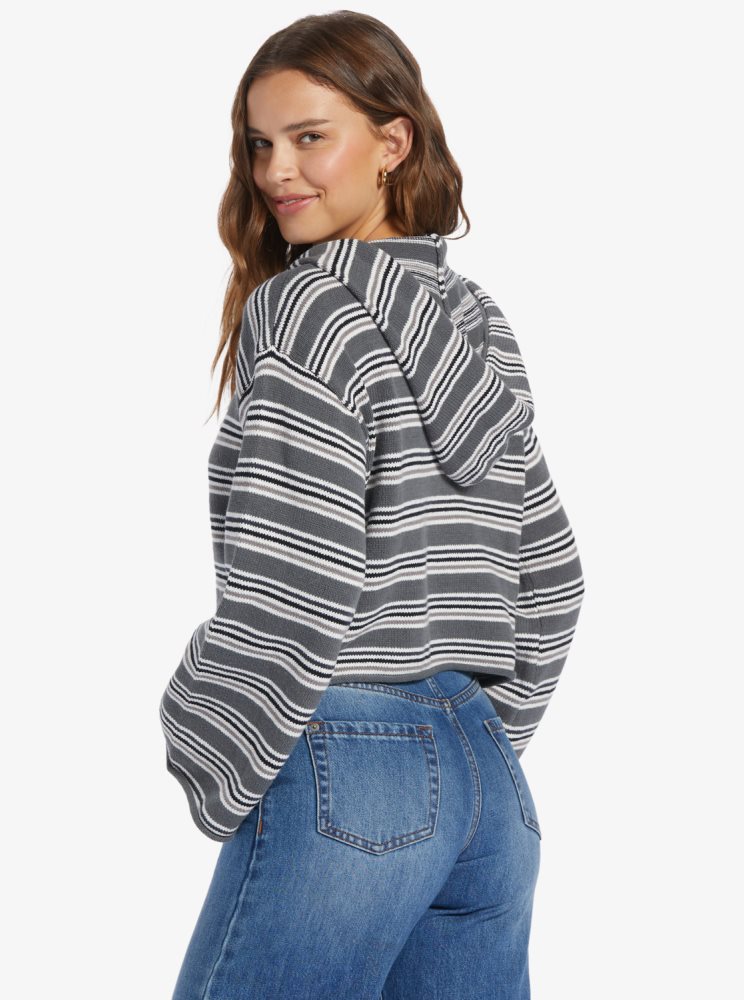 Dark Grey Stripes Women's Roxy Side Swipe Poncho Hoodie | USA KCDQ-50729