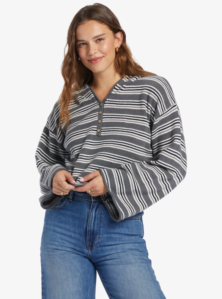 Dark Grey Stripes Women\'s Roxy Side Swipe Poncho Hoodie | USA KCDQ-50729