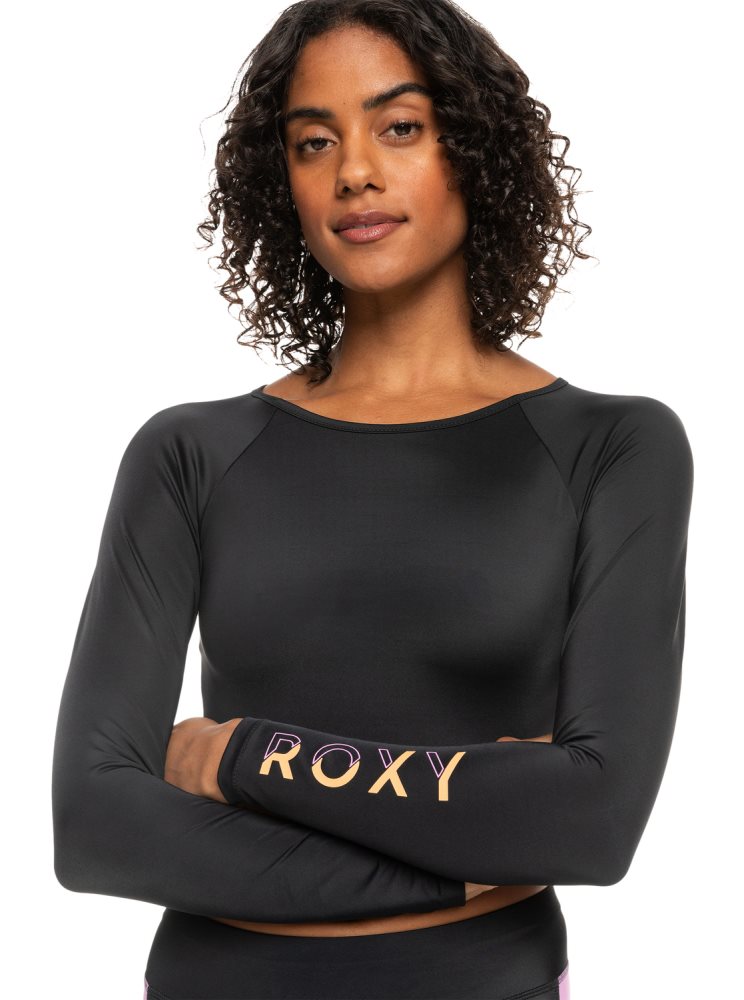 Dark Grey Women's Roxy Fitness Long Sleeve Cropped Rashguards | USA JGQE-34867