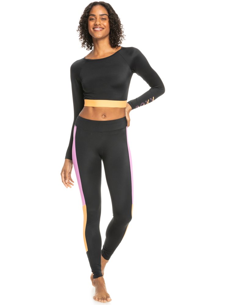 Dark Grey Women's Roxy Fitness Long Sleeve Cropped Rashguards | USA JGQE-34867