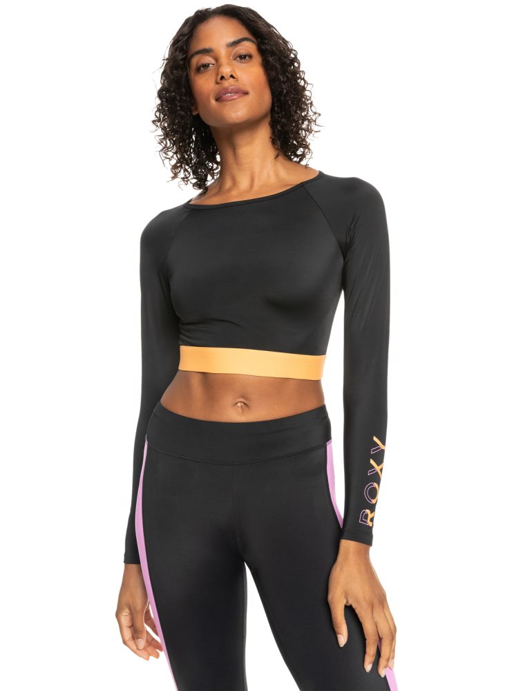 Dark Grey Women\'s Roxy Fitness Long Sleeve Cropped Rashguards | USA JGQE-34867