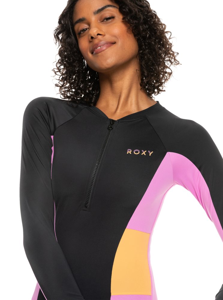 Dark Grey Women's Roxy Fitness Long Sleeve One Piece Swimsuits | USA SEXG-86957