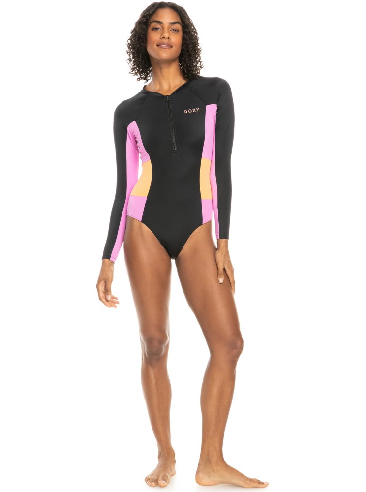 Dark Grey Women's Roxy Fitness Long Sleeve One Piece Swimsuits | USA SEXG-86957