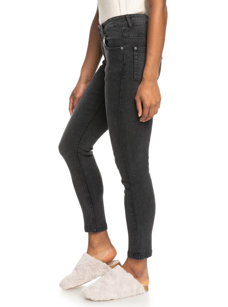 Dark Grey Women's Roxy Night Away Black Slim Jeans | USA DTHL-24516