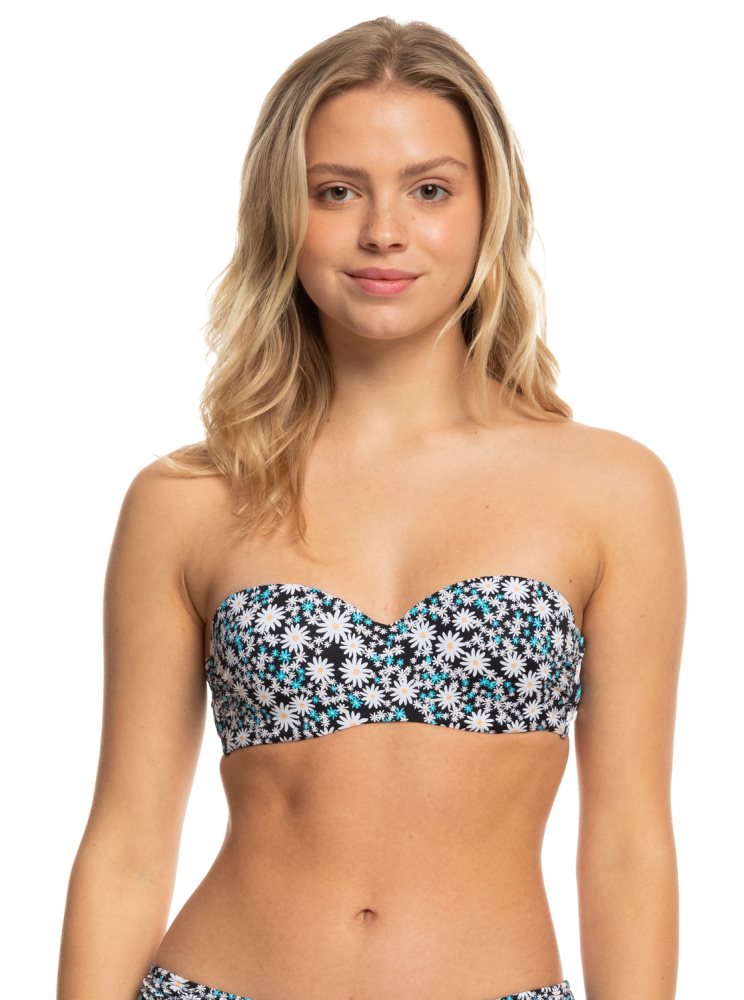 Dark Grey Women\'s Roxy Printed Beach Classics Bandeau Bikini Tops | USA OBAG-06415