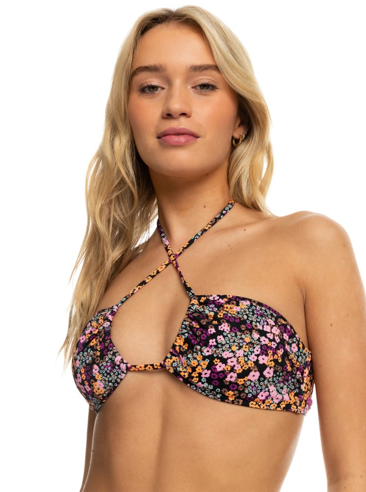 Dark Grey Women's Roxy Printed Beach Classics Triangle Bikini Tops | USA ZKIS-35902