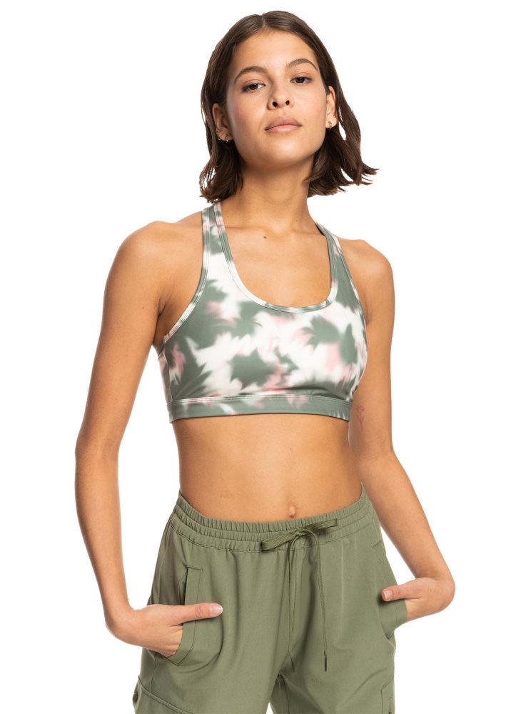 Deep Green Women's Roxy Back To You Printed Racerback Sports Bra | USA OCMX-10759