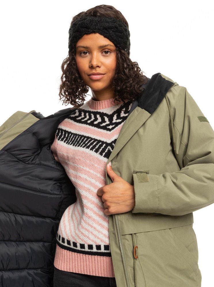 Deep Green Women's Roxy Dawn View Insulated Hooded Parka Jackets | USA SBYQ-68015