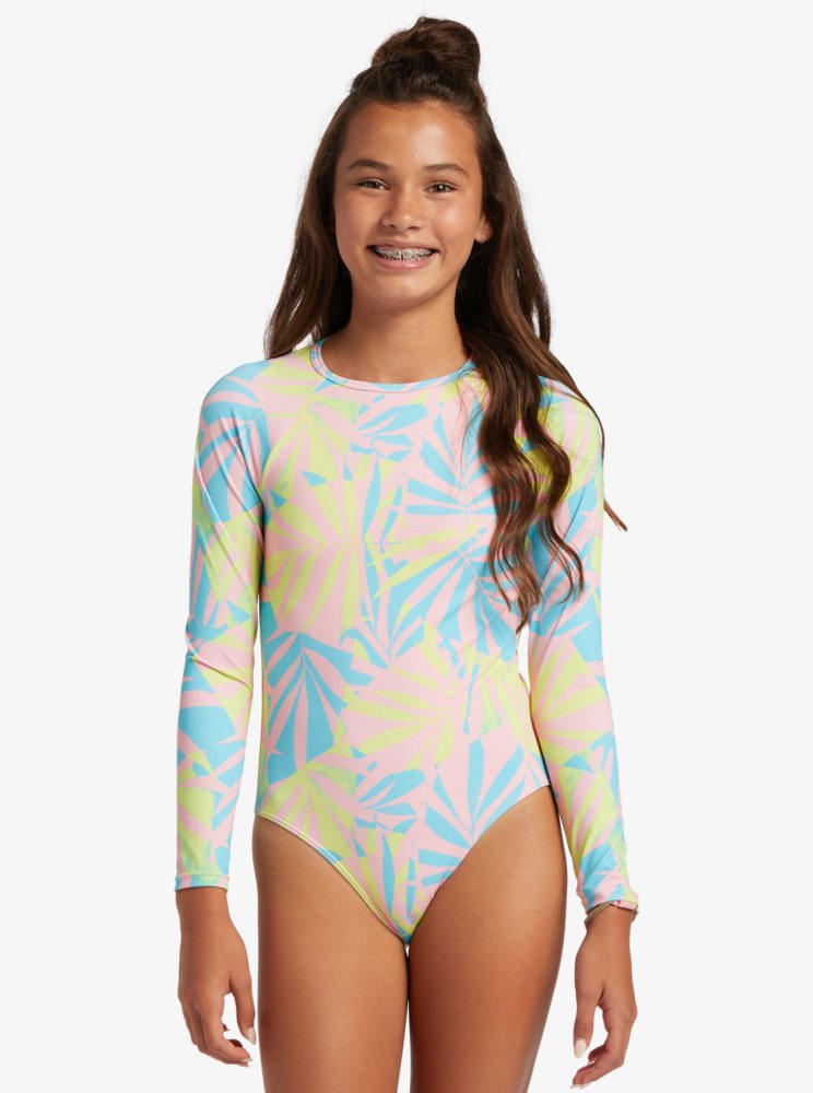 Green Kids' Roxy 4-16 Palms Colors Long Sleeve One Piece Swimsuits | USA ZSAE-53489