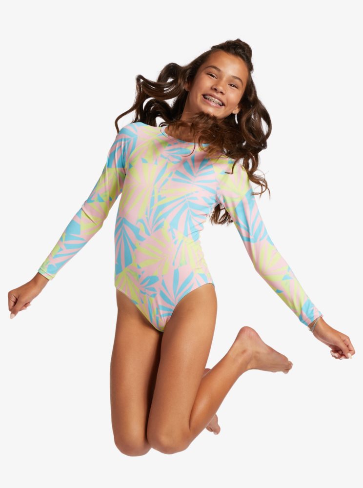 Green Kids' Roxy 4-16 Palms Colors Long Sleeve One Piece Swimsuits | USA ZSAE-53489