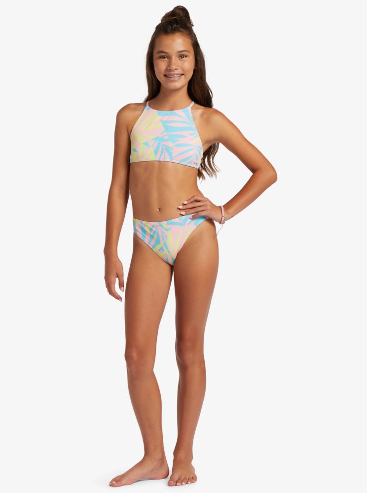 Green Kids' Roxy 4-16 Palms Colors Two Piece Crop Top Set Bikinis | USA FDIR-02784