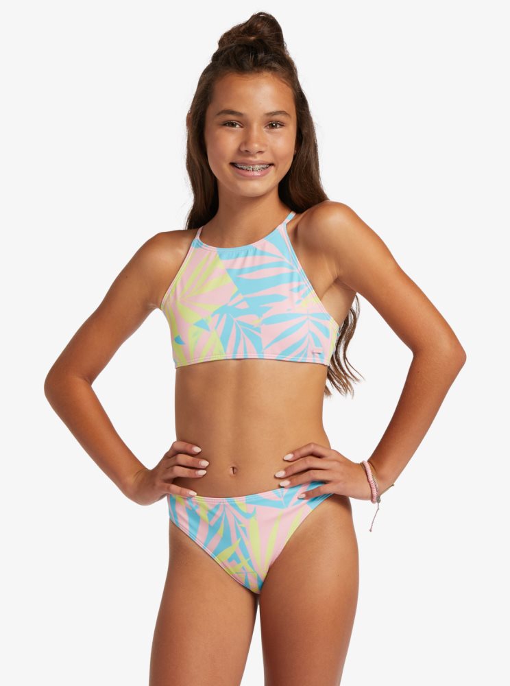 Green Kids\' Roxy 4-16 Palms Colors Two Piece Crop Top Set Bikinis | USA FDIR-02784