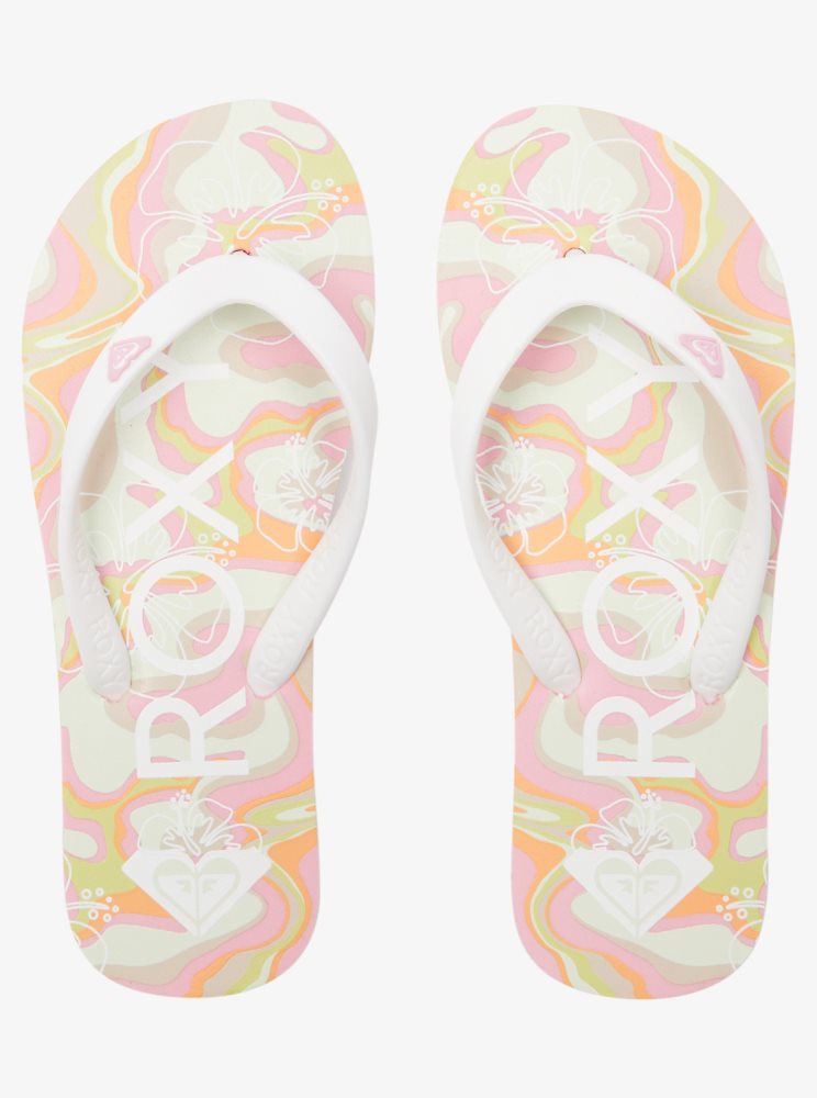 Green / Pink Kids' Roxy 4-16 Tahiti Flip Flops | USA JUYF-18643