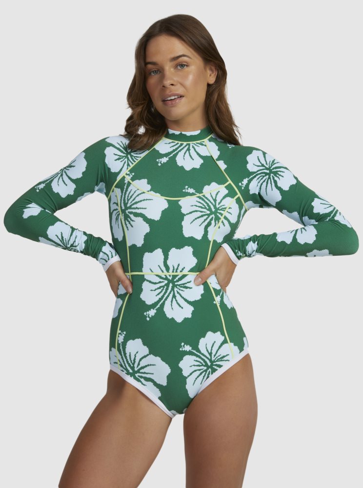 Green Women's Roxy Digi High Long Sleeve One Piece Swimsuits | USA SEJC-65397