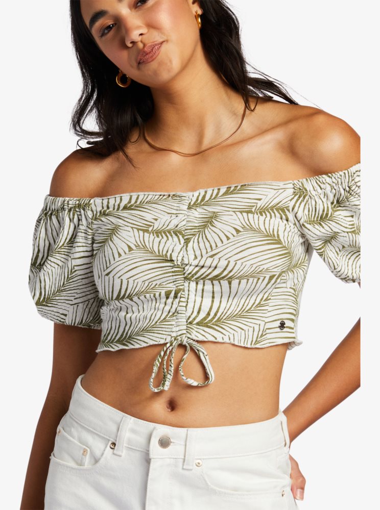 Green Women's Roxy Flirty Walk Printed Ruched Cropped With Puff Sleeves Tops | USA ZEBT-68317