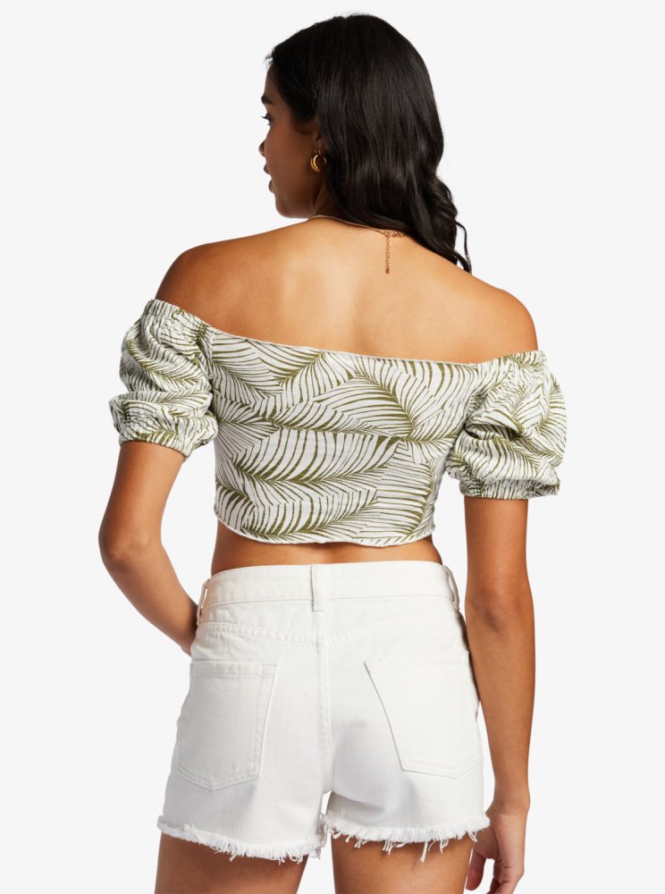 Green Women's Roxy Flirty Walk Printed Ruched Cropped With Puff Sleeves Tops | USA ZEBT-68317