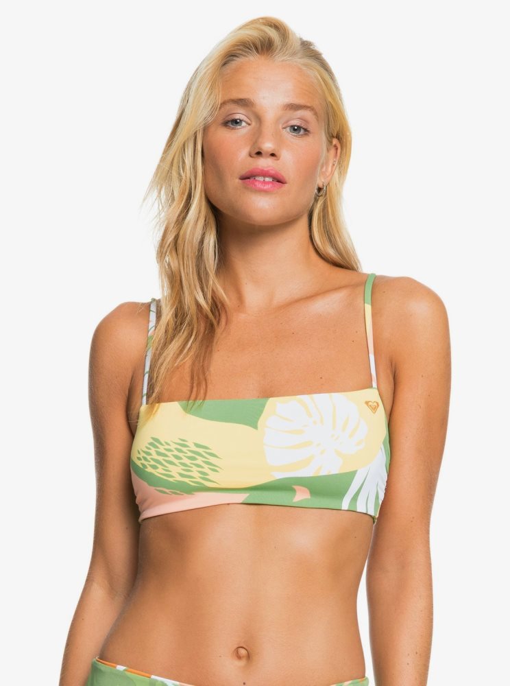 Green Women's Roxy Wildflowers Reversible Bandeau Bikini Tops | USA STGE-01596