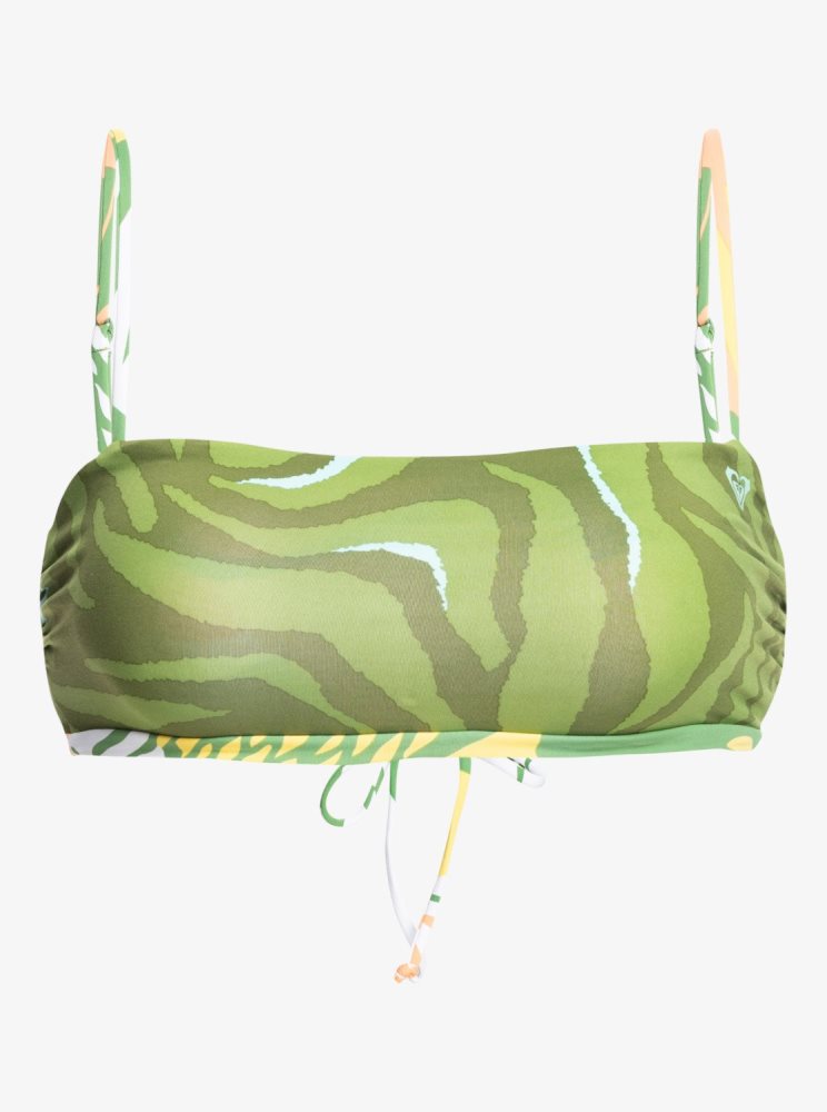 Green Women's Roxy Wildflowers Reversible Bandeau Bikini Tops | USA STGE-01596