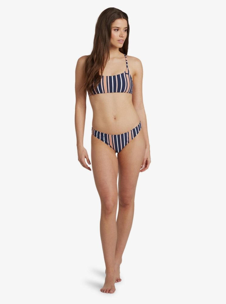 Indigo Stripes Women's Roxy Printed Beach Classics Moderate Bikini Bottoms | USA SCFV-17830