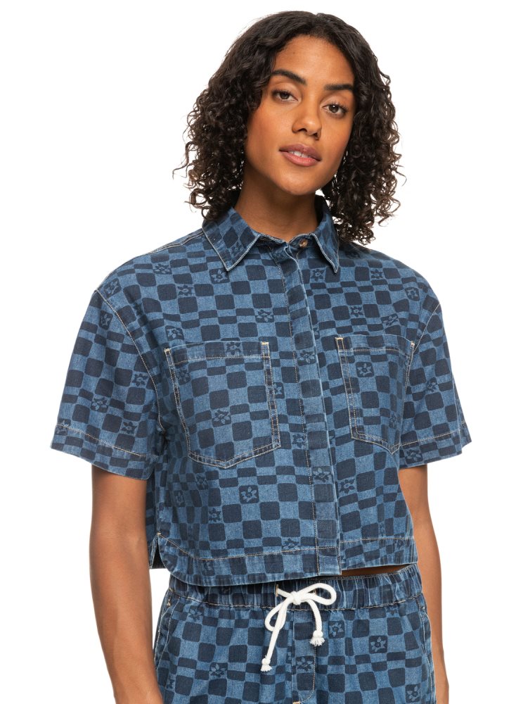 Indigo Women's Roxy Blue Wave Club Printed Short Sleeve Denim Shirts | USA TEFX-81502