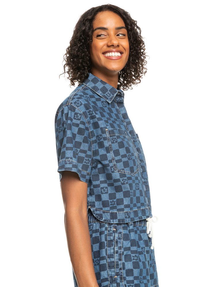 Indigo Women's Roxy Blue Wave Club Printed Short Sleeve Denim Shirts | USA TEFX-81502