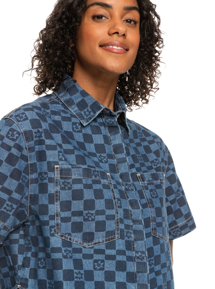 Indigo Women's Roxy Blue Wave Club Printed Short Sleeve Denim Shirts | USA TEFX-81502