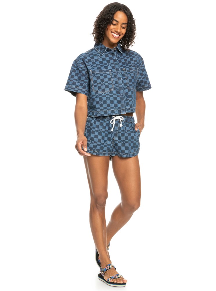 Indigo Women's Roxy Blue Wave Club Printed Short Sleeve Denim Shirts | USA TEFX-81502