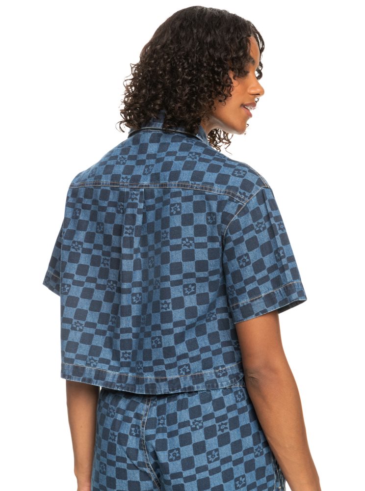 Indigo Women's Roxy Blue Wave Club Printed Short Sleeve Denim Shirts | USA TEFX-81502