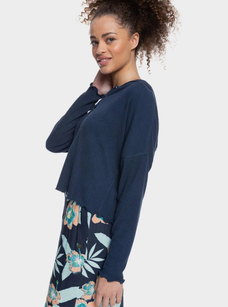 Indigo Women's Roxy Cozy Day Long Sleeve Rib Knit Tops | USA ZPBO-58742