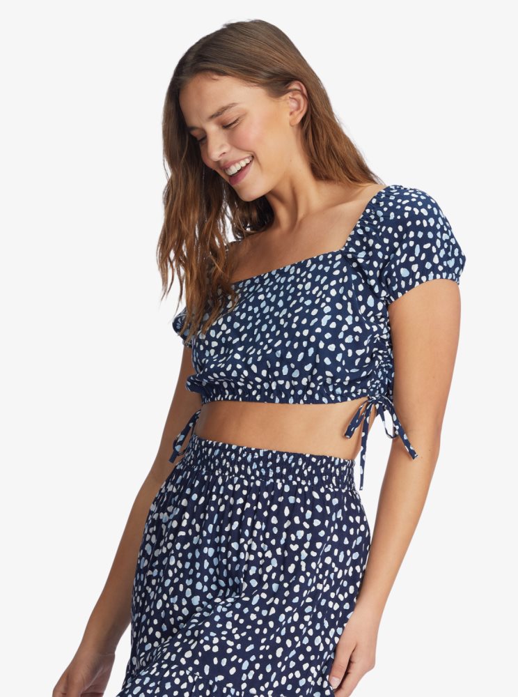 Indigo Women's Roxy Dear Amor Indigo Short Sleeve Crop Tops | USA VCSX-84750