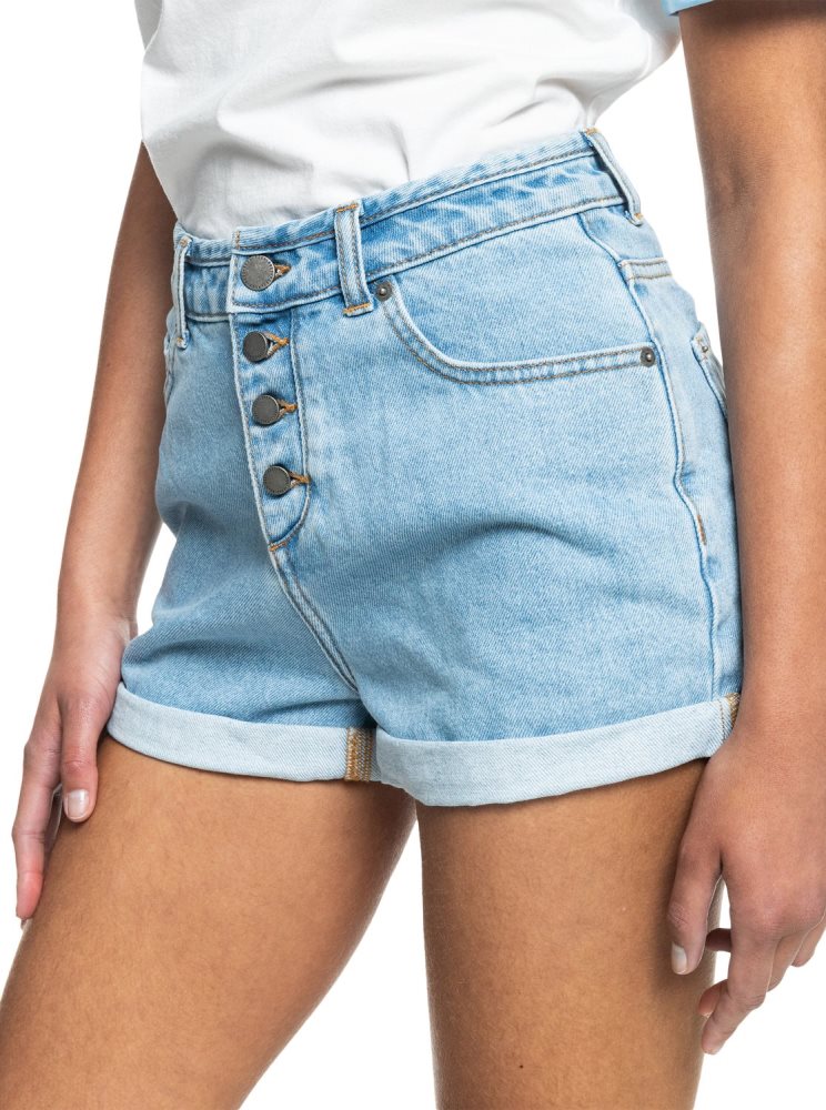 Light Blue Women's Roxy Authentic Summer High Denim Shorts | USA ZWUO-34280