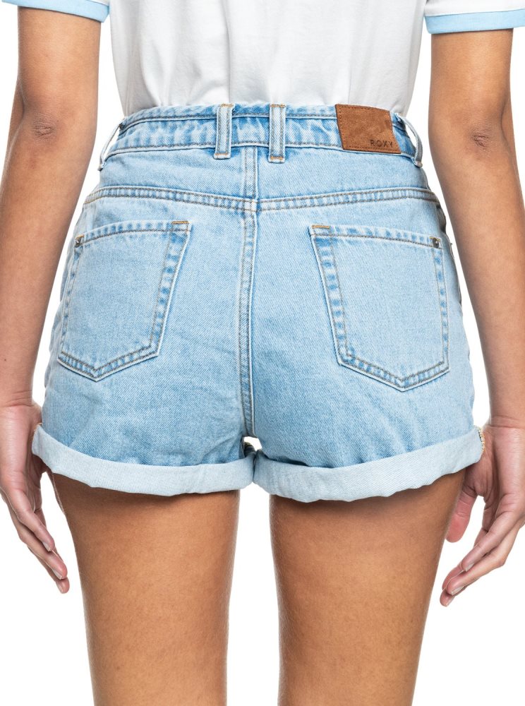 Light Blue Women's Roxy Authentic Summer High Denim Shorts | USA ZWUO-34280