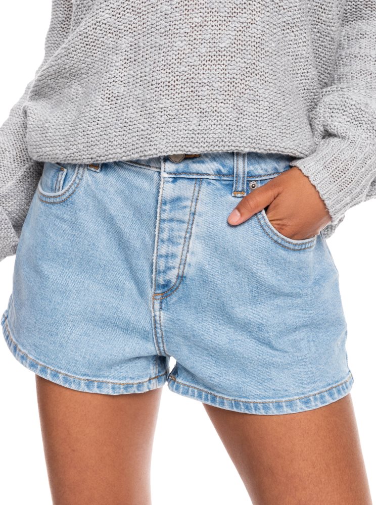 Light Blue Women's Roxy Call Me Back Denim Shorts | USA GNWK-83576