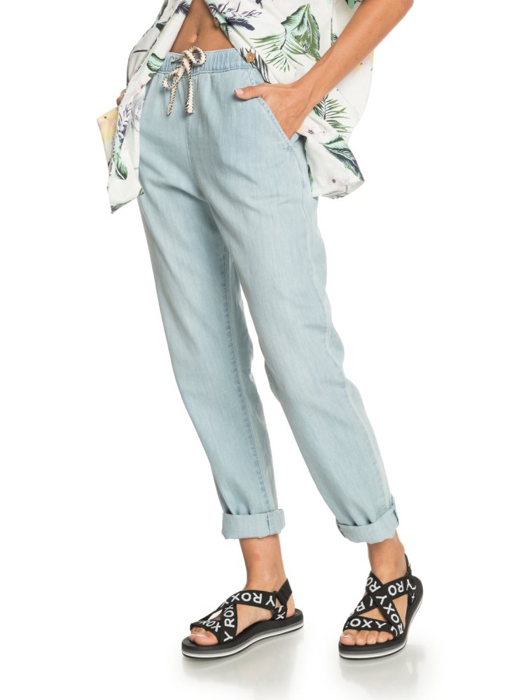 Light Blue Women's Roxy Slow Swell Beachy Beach Relaxed Fit Jeans | USA LYXB-79834