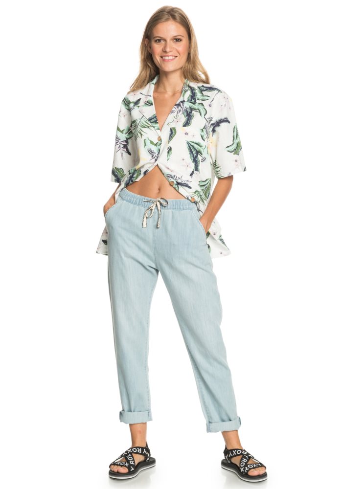 Light Blue Women's Roxy Slow Swell Beachy Beach Relaxed Fit Jeans | USA LYXB-79834