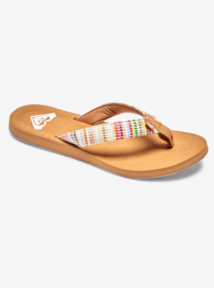 Multicolor Women\'s Roxy Porto Raffia Flip Flops | USA HRQY-96287