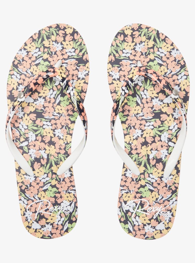 Navy / Green Women's Roxy Portofino Flip Flops | USA HCKY-35074