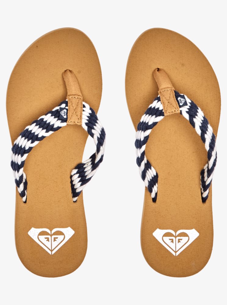 Navy White Women's Roxy Porto Flip Flops | USA BOAS-82453