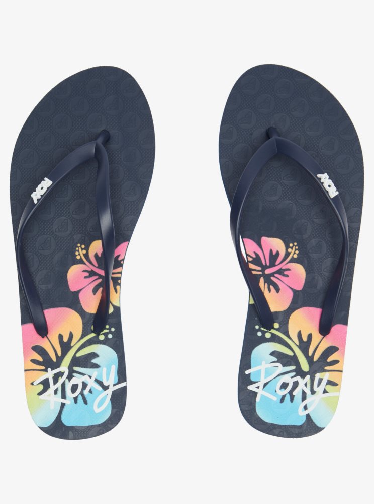 Navy Women's Roxy Viva Stamp Flip Flops | USA SAUE-91672